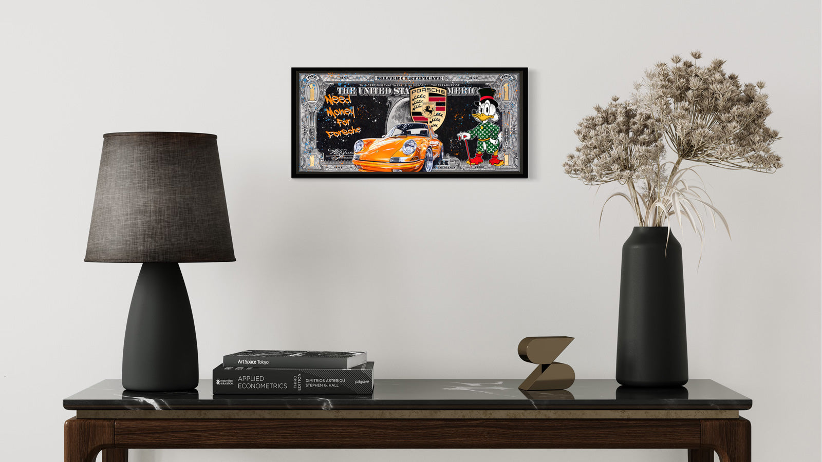 Pop Art Kunstwerk - Devin Miles "Need money for Porsche" im Wohnraum