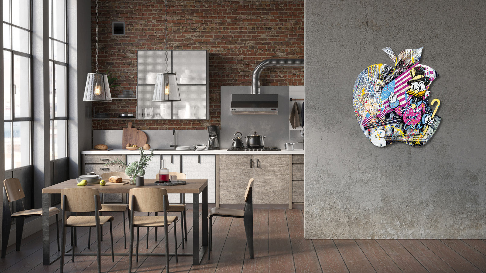 Raumbild von Pop Art Kunstwerk "All we need is cash" von Devin Miles mit Dagobert amerikanische Flagge Collage Aluminium im Wohnraum