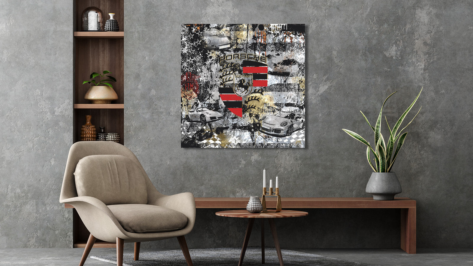 Raumbild von Pop Art Kunstwerks Dream Cars von Devin Miles mit Porsche Wappen Sportwagen Collage auf gebürstetes Aluminium im Wohnraum