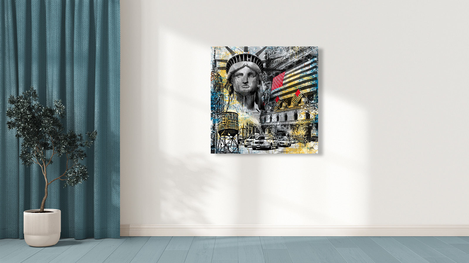 Raumbild von Pop Art Kunstwerk Empire City Devin Miles Freiheitsstatue New York Flagge Taxis gebürstetes Aluminium im Wohnraum