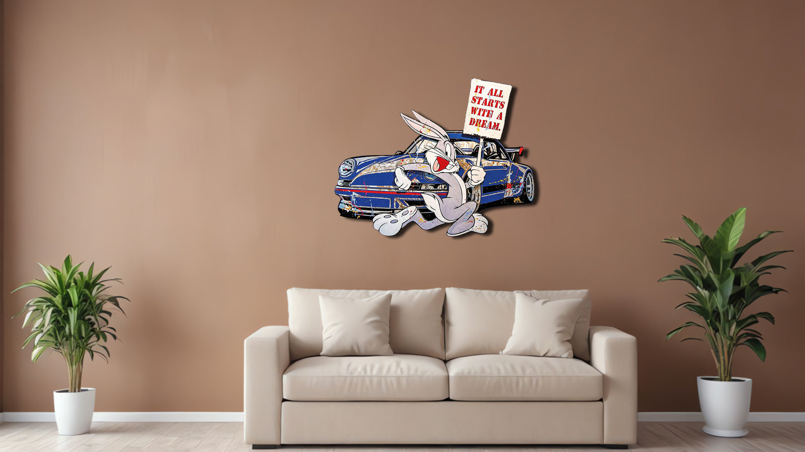 Raumbild von Pop Art Kunstwerk "It all starts with a dream" von Devin Miles mit Comicfigur Schild blauer Sportwagen Aluminium im Wohnraum