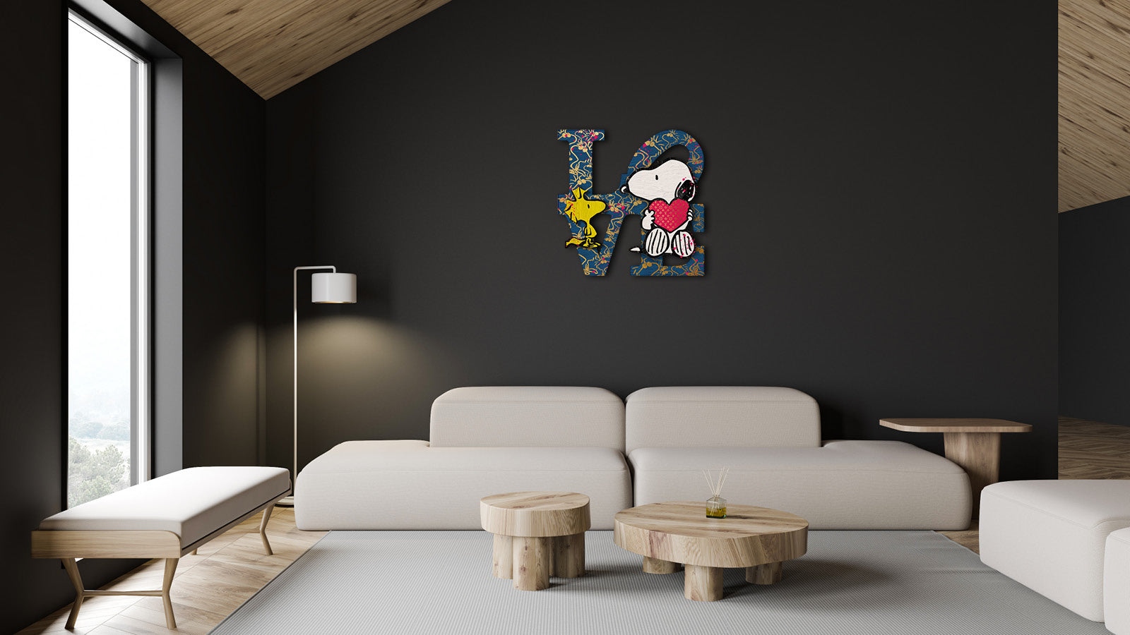 Pop Art Kunstwerk „Love Vibes“ von Devin Miles mit Snoopy als Wandbild in modernem Wohnzimmer im Wohnraum