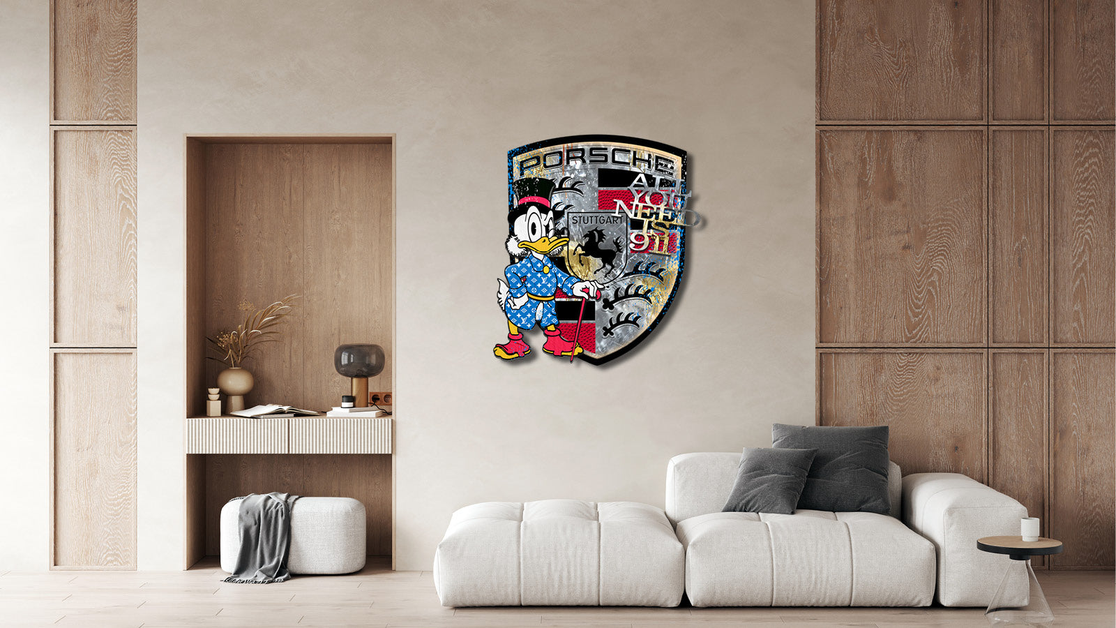Raumbild von Pop Art Kunstwerk "Porsche All you need is 911" von Devin Miles mit Porsche Wappen Comic Figur Luxus Street Art im Wohnraum