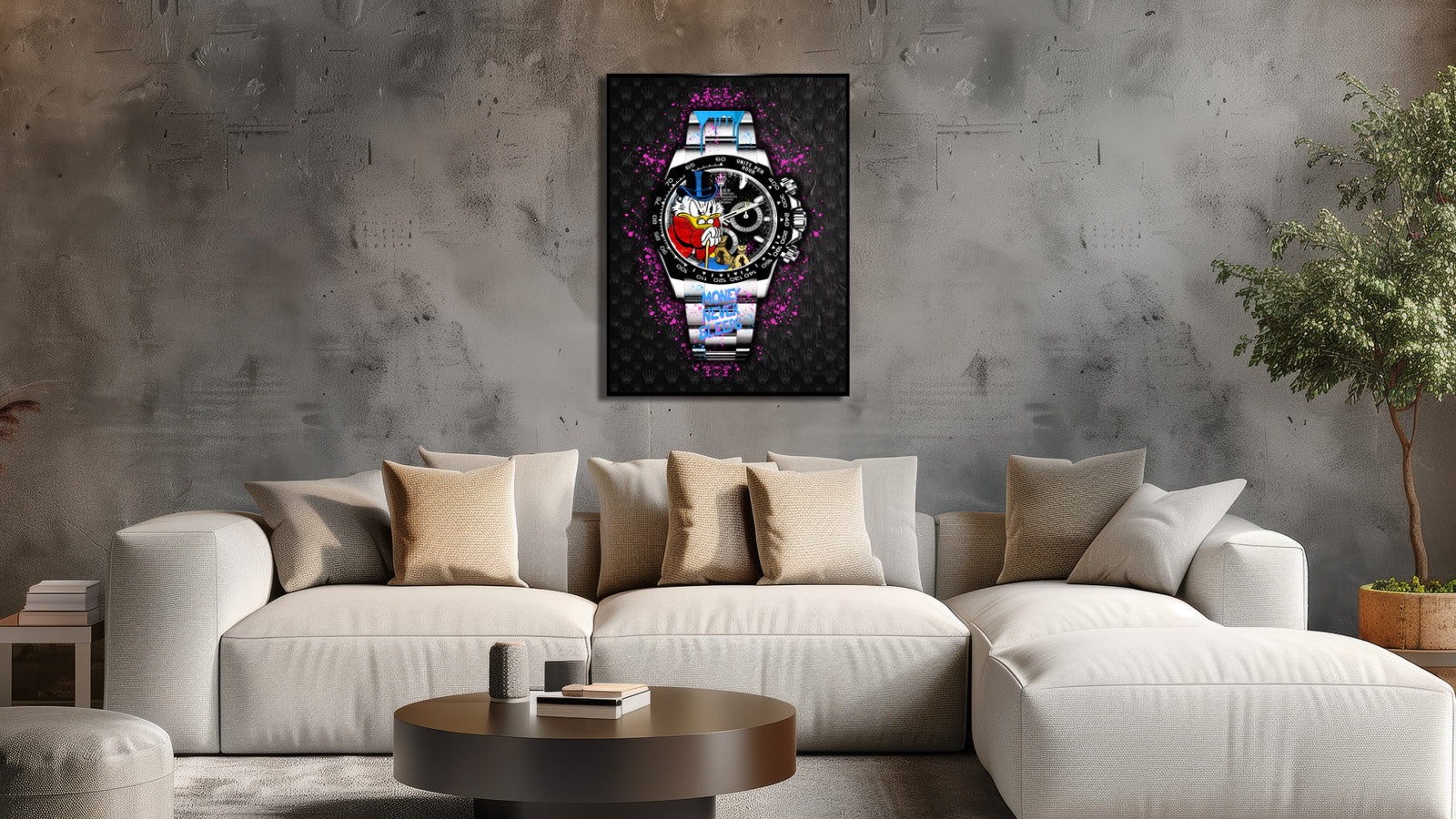 Raumbild von Pop Art Kunstwerk "Rolex Money Never Sleeps" von Devin Miles mit Luxus Uhr Comicfigur Edelstahl 3D im Wohnraum
