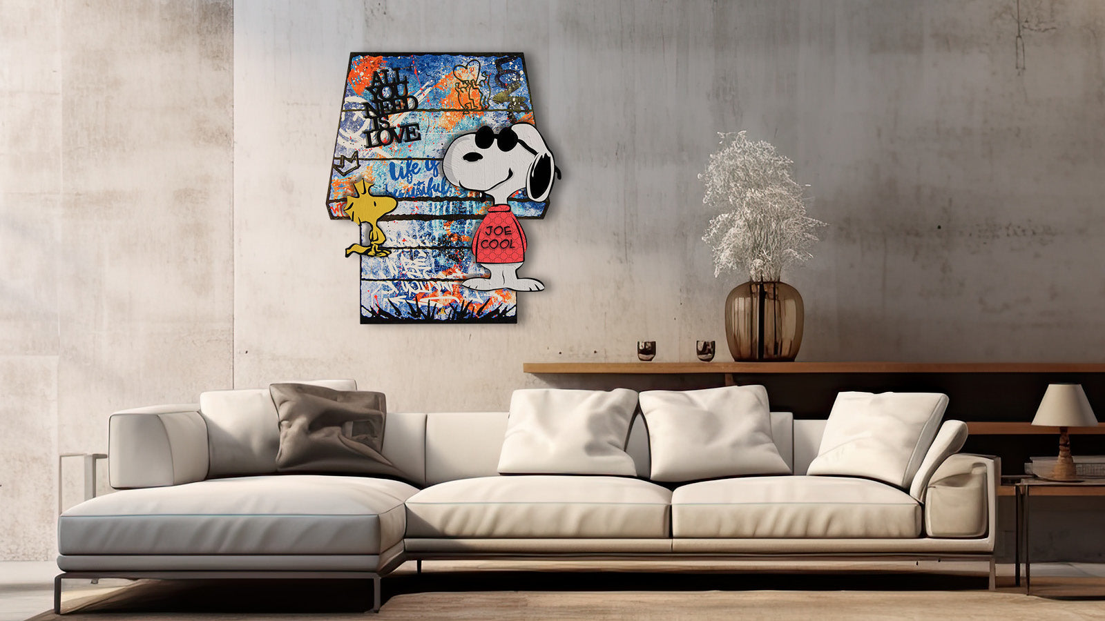 Devin Miles „Snoopy – Born to be a winner“ Pop Art Kunstwerk als Wandbild im modernen Interieur im Wohnraum