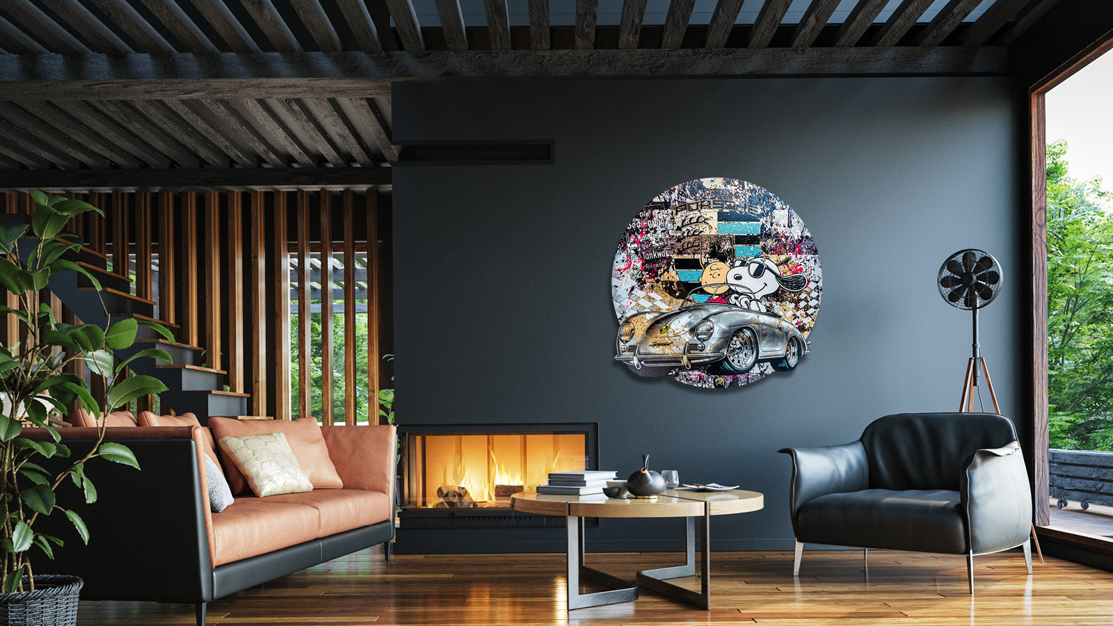 Pop Art Kunstwerk „Summer Cruisin’“ von Devin Miles an moderner Wohnzimmerwand im Interieur  im Wohnraum